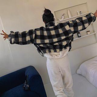 Sherpa-fleece Gingham Boxy Cropped Jacket Black - One Size