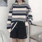Long-sleeve Striped Round Neck T-shirt As Shown In Figure - One Size