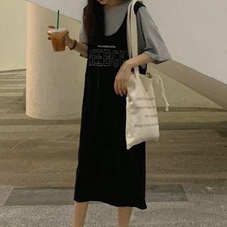 Elbow-sleeve Mock Two-piece Midi T-shirt Dress