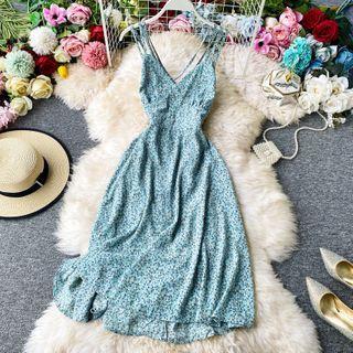 Triple Strap Floral Print Midi A-line Dress
