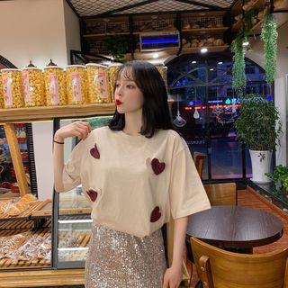 Elbow-sleeve Heart Detail T-shirt