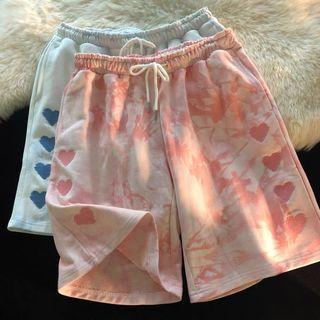 High-waist Embroider Heart Tie-dye Straight-cut Shorts