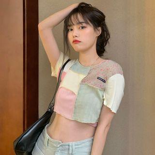 Short-sleeve Patchwork Shirt Almond - One Size