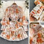 Puff-sleeve Flower Print Lace Trim Mini A-line Dress