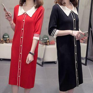 3/4-sleeve Striped Trim Buttoned Midi Knit Dress