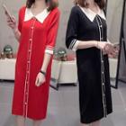 3/4-sleeve Striped Trim Buttoned Midi Knit Dress
