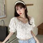 Puff-sleeve Floral Cropped Blouse Pink Floral - White - One Size