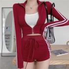 Set: Striped Trim Jacket + Shorts + Camisole
