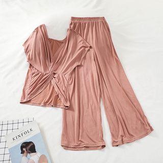 Set: V-neck Twisted Top + Wide-leg Pants