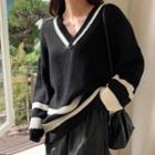 Drop-shoulder Contrast-trim Knit Top Black - One Size
