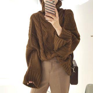 Plain Turtle-neck Cable-knit Loose-fit Sweater