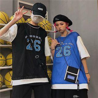 Mock Two-piece Couple Matching Elbow-sleeve Number T-shirt