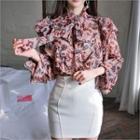 Tie-neck Floral Beribboned Back Blouse