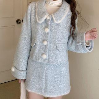 Fleece Button-up Jacket / Mini Skirt / Long-sleeve Turtleneck Top