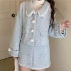Fleece Button-up Jacket / Mini Skirt / Long-sleeve Turtleneck Top