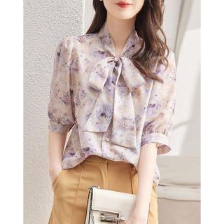 Elbow-sleeve Ribbon Tie-neck Floral Blouse