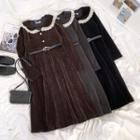 Long-sleeve Corduroy Lace Trim Collar Midi Dress