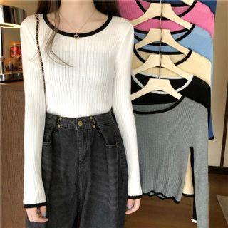 Long-sleeve Contrast Trim Slim-fit Knit Top