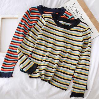 Ruffled-trim Striped Light Knit Top