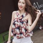 Halter Print Chiffon Top Blue & White & Red - One Size