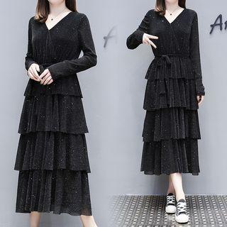 Glitter Long-sleeve Midi Tiered Dress