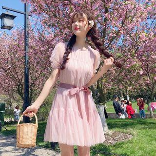 Tie Waist Short-sleeve A-line Dress Pink - One Size