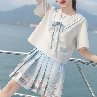 Set: Short-sleeve Shirt + Printed Mini A-line Skirt