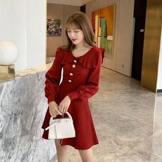 Ruffle Trim Collared Mini A-line Knit Dress