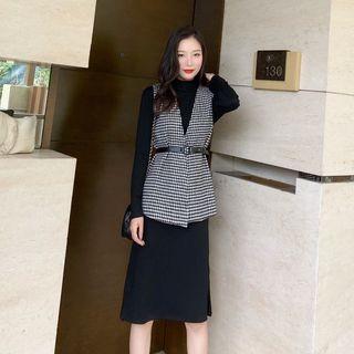 Set: Long-sleeve Midi Knit Dress + Plaid Vest