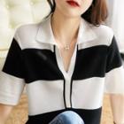 Striped Knit Polo Top Black & White - One Size