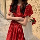 Short-sleeve Polka Dot Dress Red - One Size
