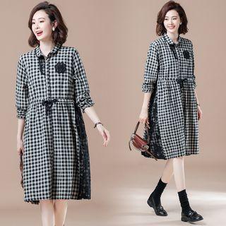 Lace Panel Gingham A-line Shirtdress