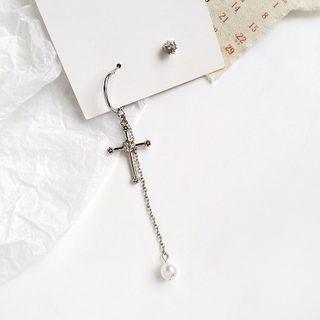 Non-matching Alloy Cross Faux Pearl Dangle Earring 1 Pair - Stud Earring - One Size