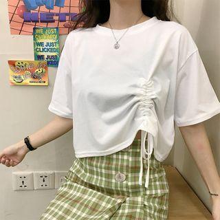 Plain Drawstring Short-sleeve Cropped T-shirt