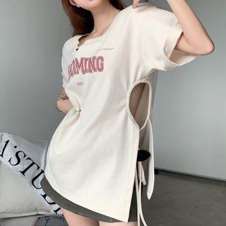Short-sleeve Lettering Cutout T-shirt Light Khaki - One Size