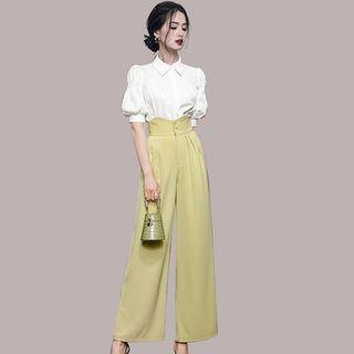 Set: Puff-sleeve Blouse + High Waist Wide Leg Pants