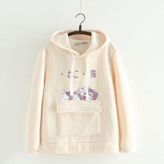 Pocket-detail Cat Print Fleece-lined Hoodie