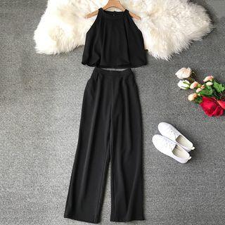 Set: Halter Tank Top + Plain Wide-leg Pants