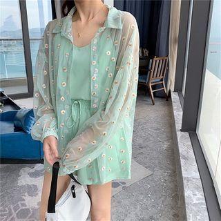 Printed Mesh Long-sleeve Top / Plain Strap Top / High-waist Shorts