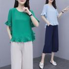 Set: Short-sleeve Ruffle Blouse + Wide-leg Pants