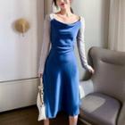 Long Sleeve Square Neck Two Tone Satin Cocktail Dress