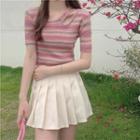 Short-sleeve Cut-out Striped Knit Top