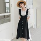 Set: Plain Short-sleeve Blouse + Ruffle Trim Button Midi A-line Pinafore Dress