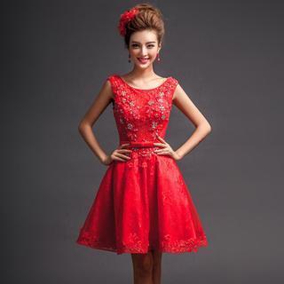 Sleeveless Diamante Lace A-line Cocktail Dress