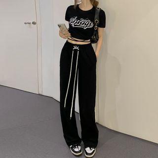 Drawstring Wide Leg Pants / Short-sleeve Lettering Lace Up Cropped T-shirt
