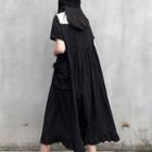 Short-sleeve Frill Trim A-line Midi Dress Black - One Size