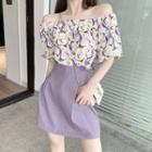 Elbow-sleeve Off-shoulder Printed Top / Fitted Mini Skirt
