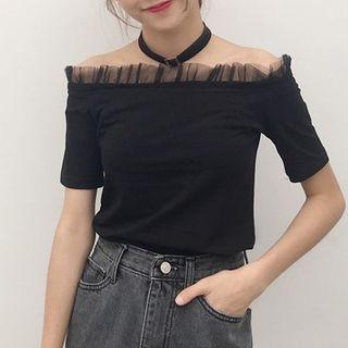 Mesh Trim Off Shoulder Short Sleeve T-shirt