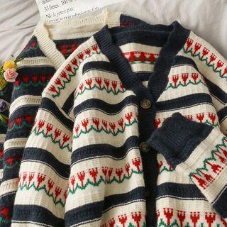Contrasted Rose-print Button-down Sweater