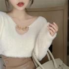 Chain-neckline Furry Knit Top